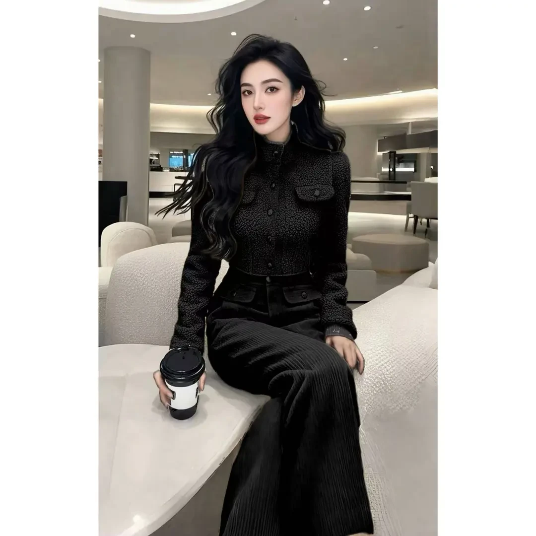韩系搭配一整套冬装小个子气质名媛小香风黑色毛毛外套裤子套装