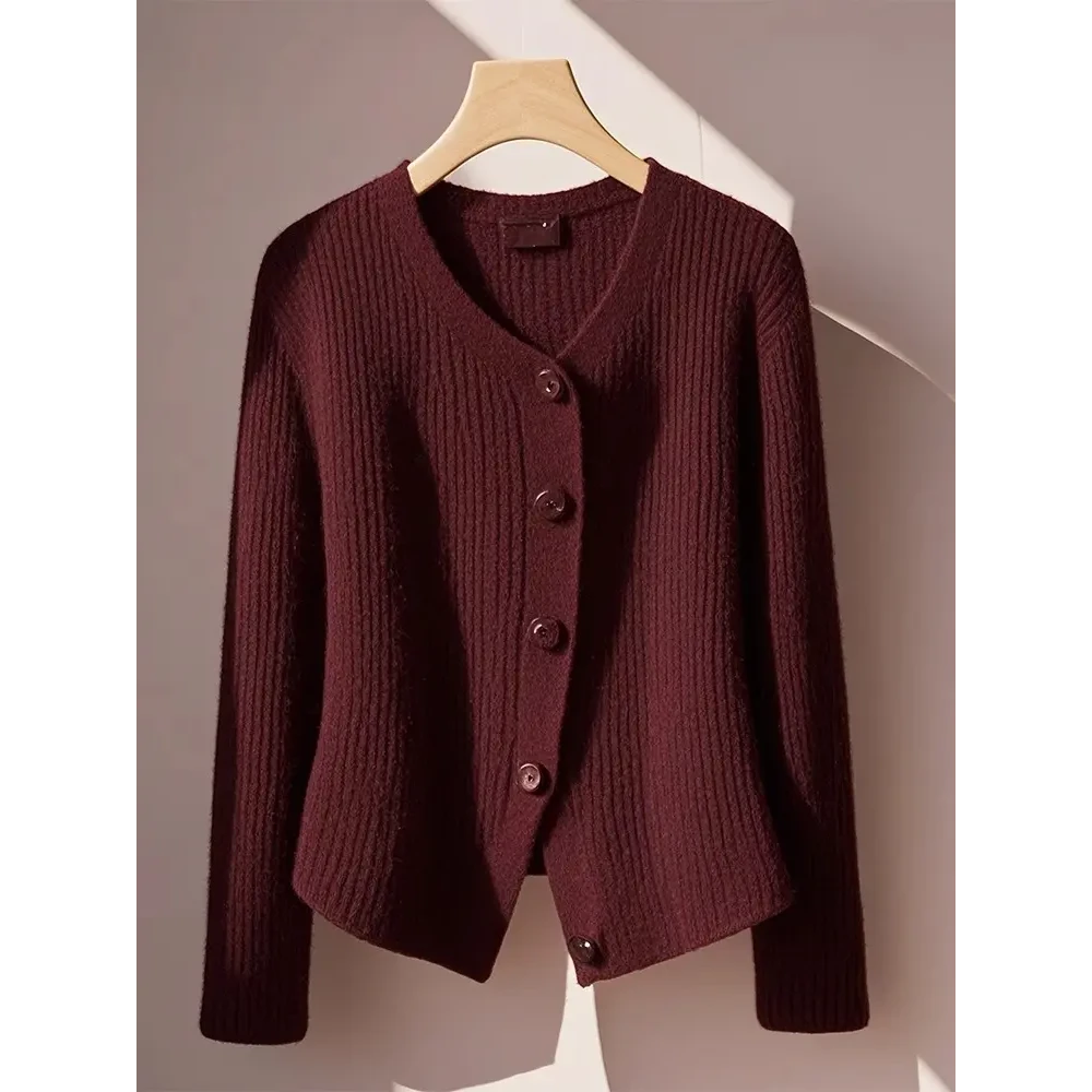 韩系气质名媛小香风上衣独特高级感超好看棕红色针织毛衣外套冬季