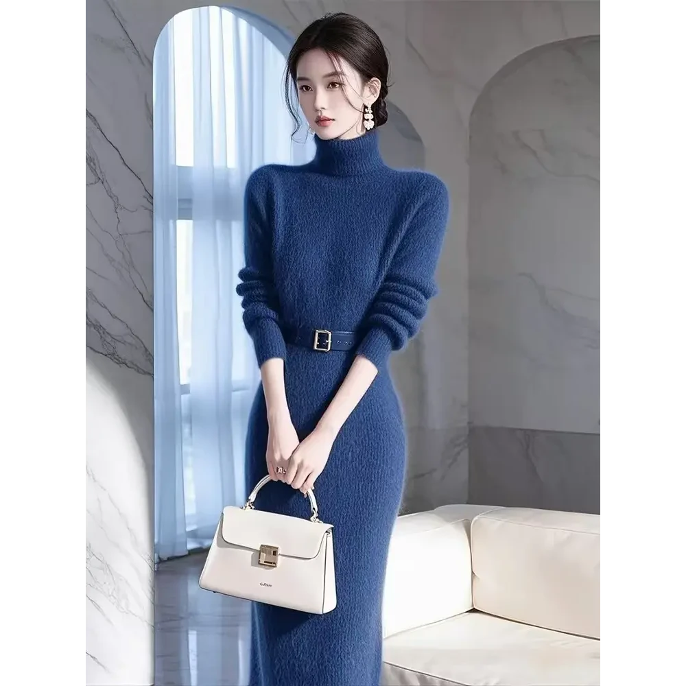 深蓝色高领针织毛衣连衣裙女2024冬季高级感超好看收腰长裙