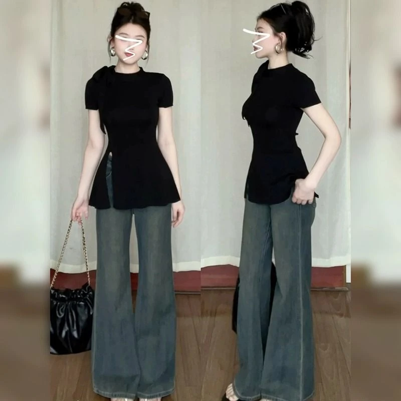 黑色短袖正肩t恤女装夏季新款大码胖mm爆款独特别致开叉上衣套装