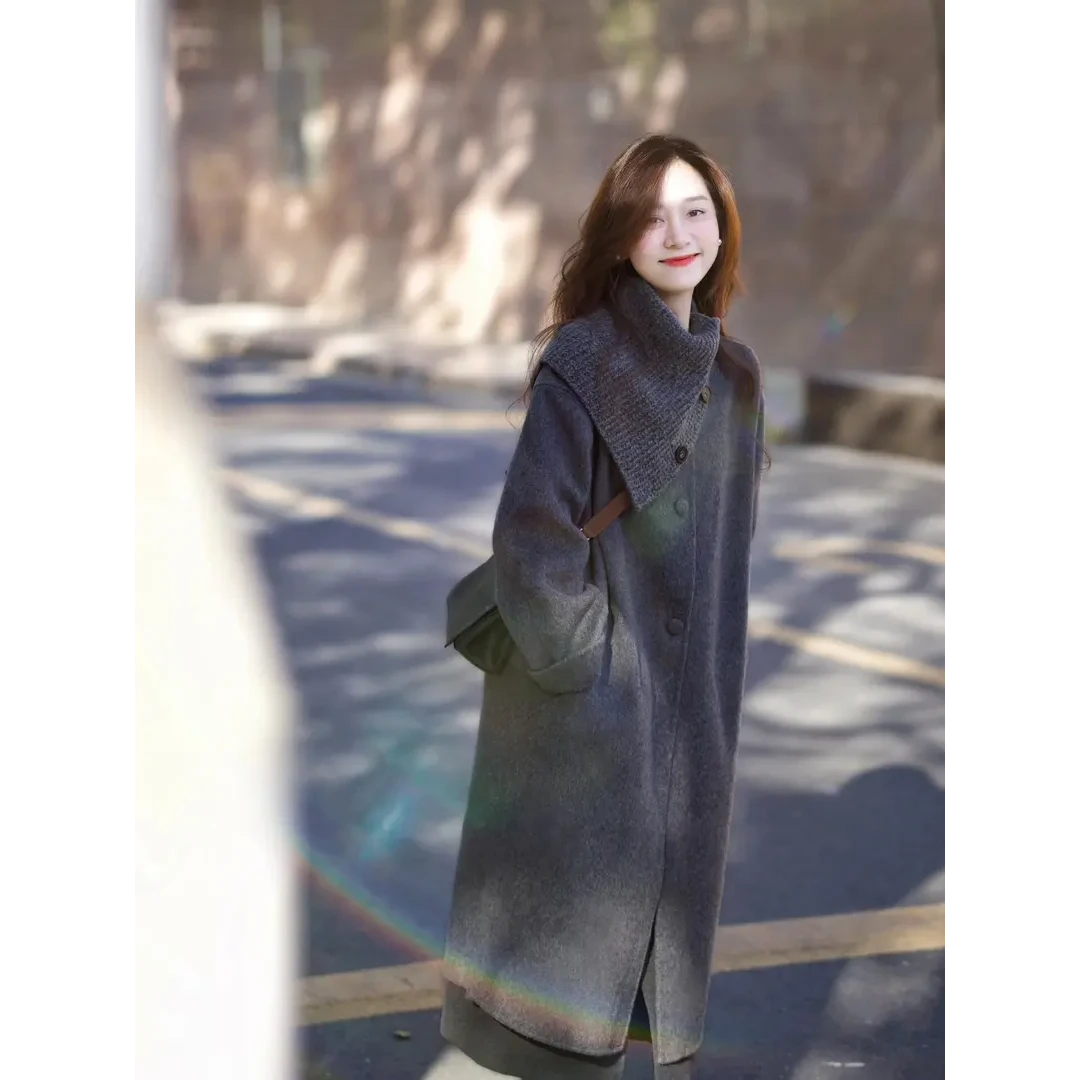 高级感灰色围脖毛呢外套女2024秋冬新款超好看中长款英伦呢子大衣