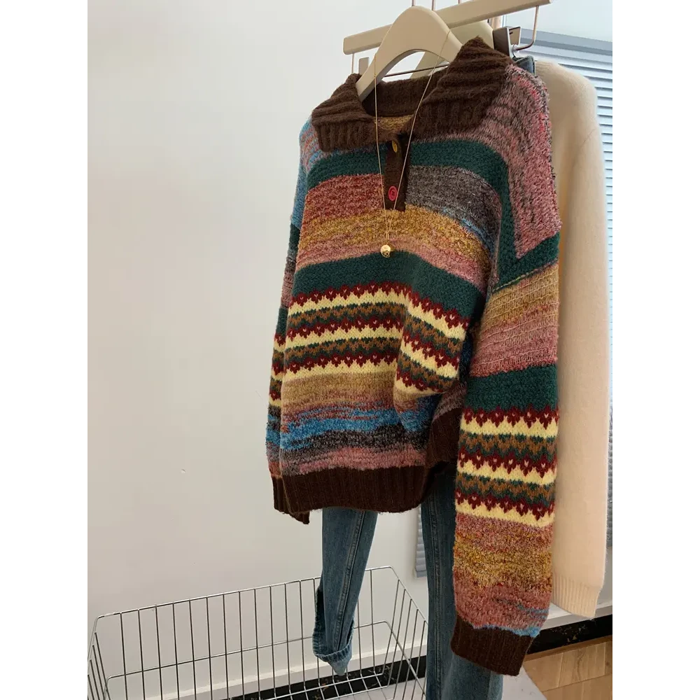 费尔岛彩色条纹宽松套头翻领外穿毛衣女士慵懒高级感加厚打底内搭