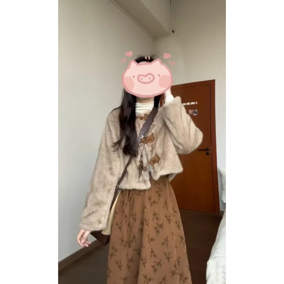超好看毛毛外套碎花套装裙女2024秋冬ootd流行轻熟风加厚两件套潮