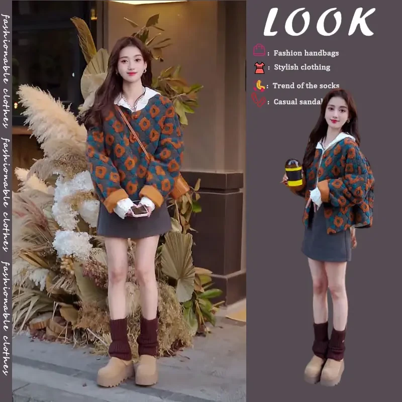 冬季搭配一整套2024年新款连帽上衣立体花朵设计感外套短裙三件套