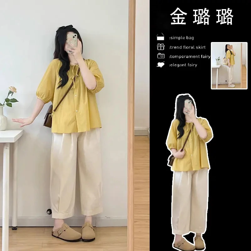 盐系穿搭女夏季大码胖mm衣服薄款衬衫上衣休闲阔腿裤子时尚套装