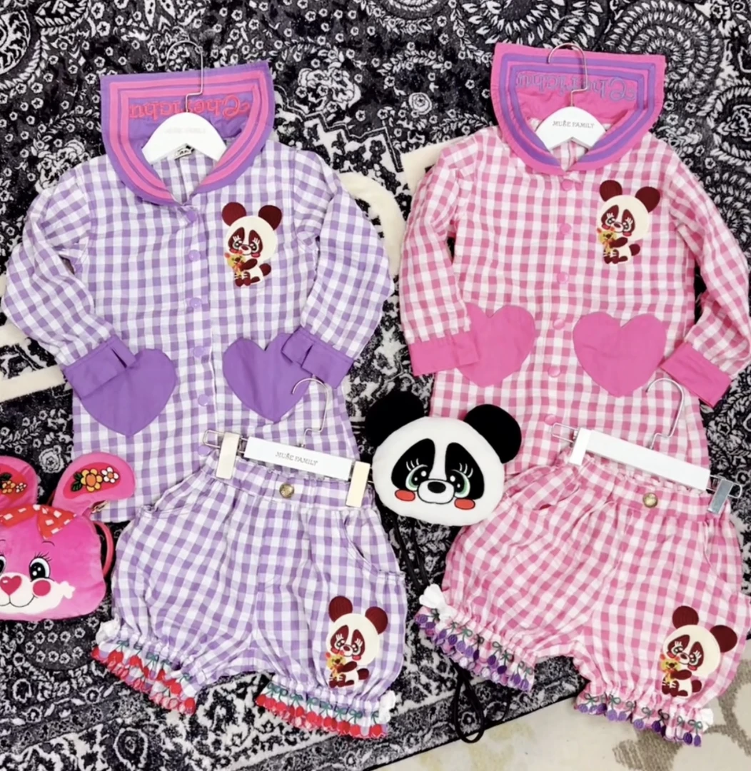 TOMATO家 日系潮牌童装 CC家熊猫海军领格子衬衫裙灯笼短裤