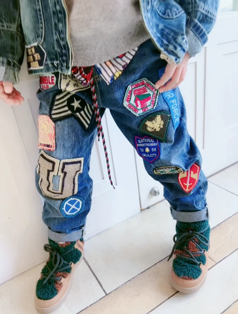 TOMATO家 日系潮牌童装 重工徽章牛仔裤儿童