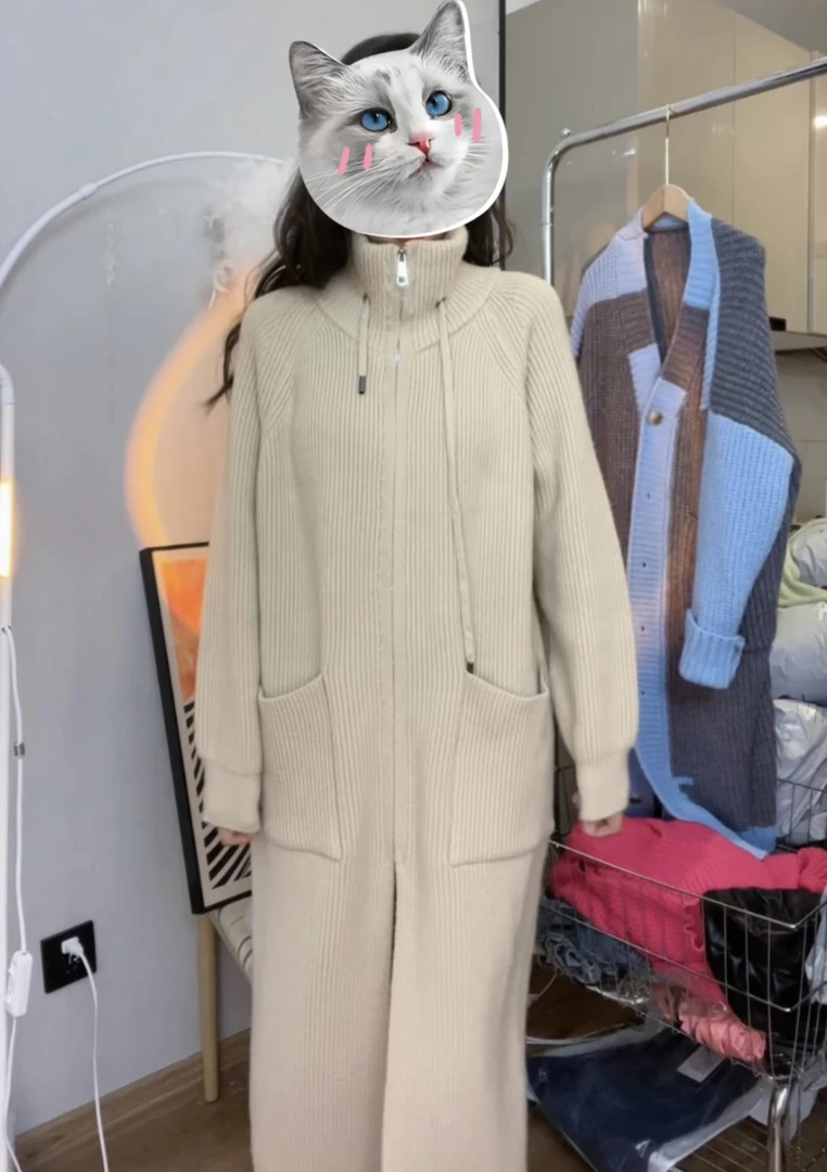 2023早秋新款中长款慵懒风百搭气质纯色休闲时尚针织外套女