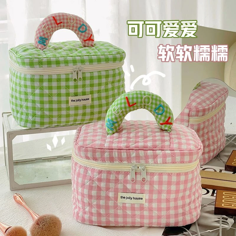 格子手提化妆包马卡龙配色化妆包家用化妆包大容量化妆包骑行包