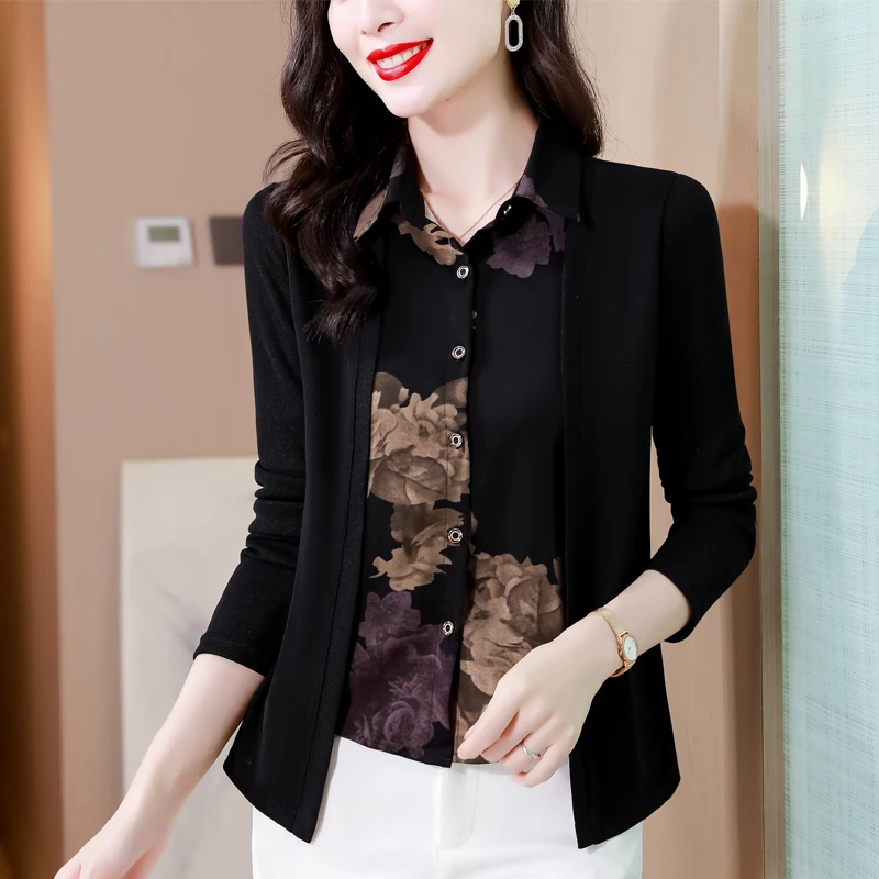 设计感针织假两件衬衫女士春季气质黑色小衫时尚印花妈妈遮肚上衣