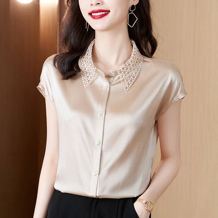 衬衫女士短袖高端时髦气质小衫夏季薄款宽松抗皱缎面上衣显瘦纯色