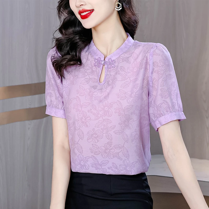 高级感紫色雪纺上衣女装短袖夏季新款国风小衫新中式盘扣印花衬衫