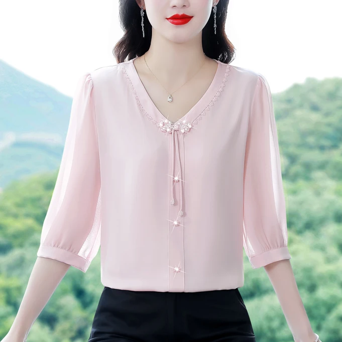 国风盘扣雪纺衬衫女士七分袖夏季新款妈妈高贵洋气质v领小衫上衣
