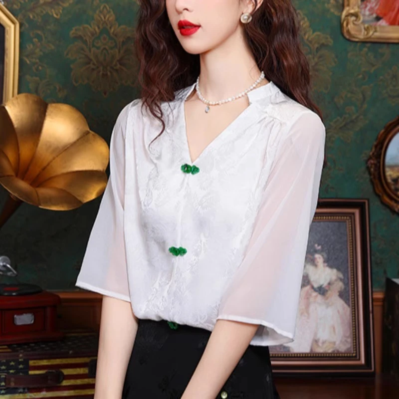 新中式国风提花衬衫女短袖夏季2025新款复古立领盘扣上衣洋气小衫