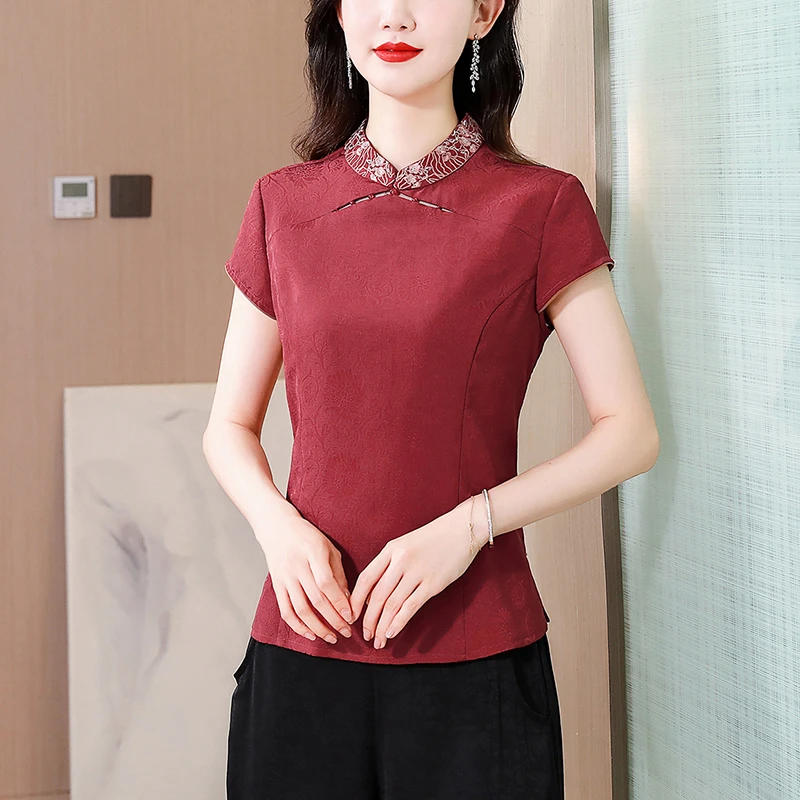 中国风小衫女短袖提花t恤夏季新款中式立领衬衫妈妈修身旗袍上衣