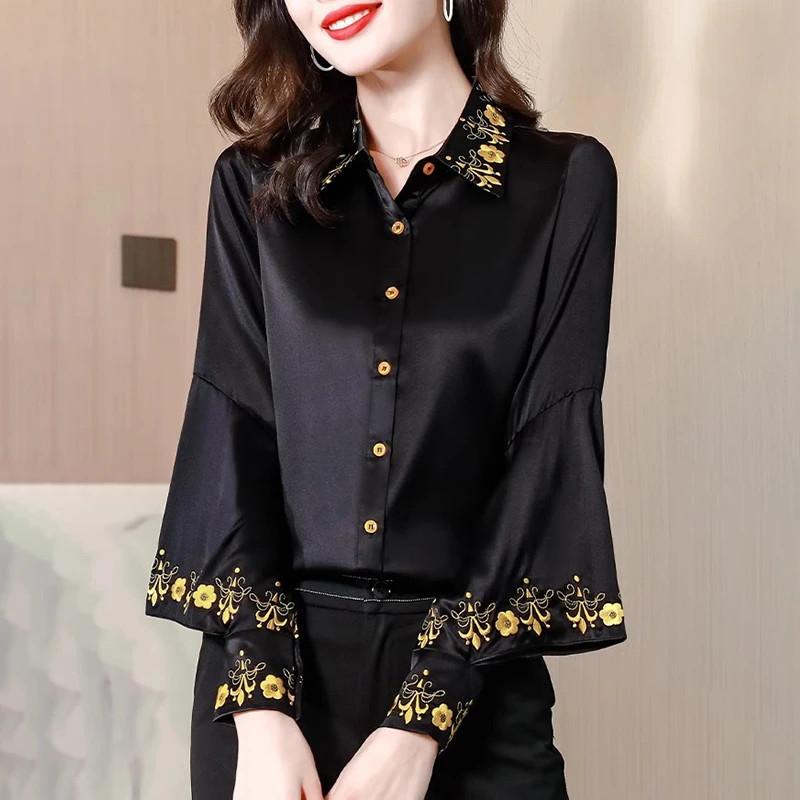 气质缎面黑色衬衫女士衬衣洋气长袖小衫装春夏新款独特别致上衣女