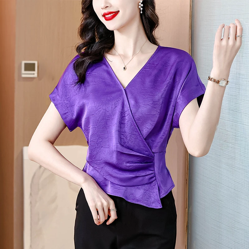 法式缎面衬衫女短袖t恤紫色小衫夏季新款不规则短款洋气卡腰上衣