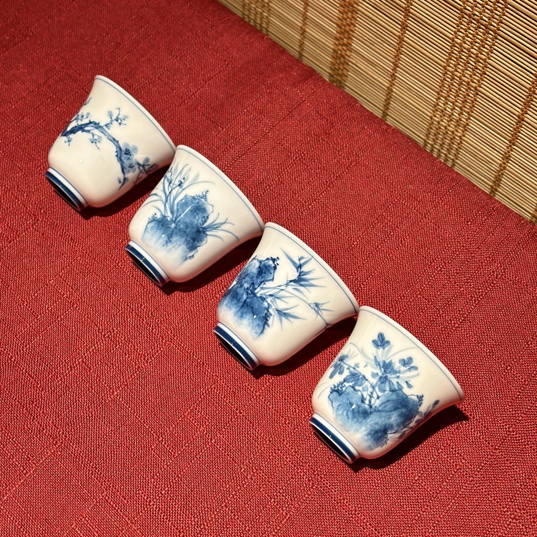 手绘杯梅兰竹菊/羊脂玉 70毫升茶杯（4个装）