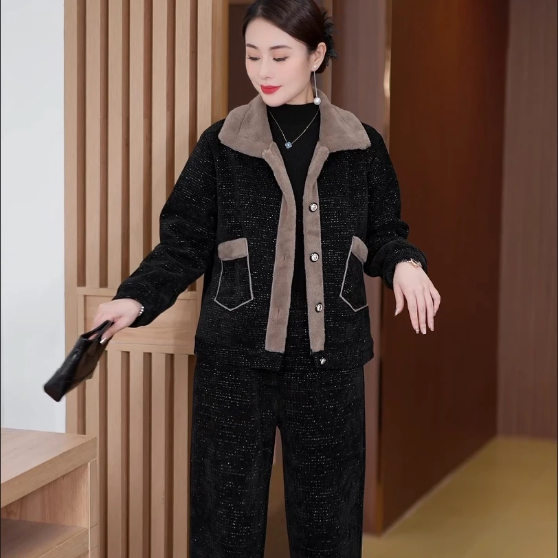 【套装】加绒加厚冬季加绒加厚保暖时尚套装宽松百搭减龄款两件套