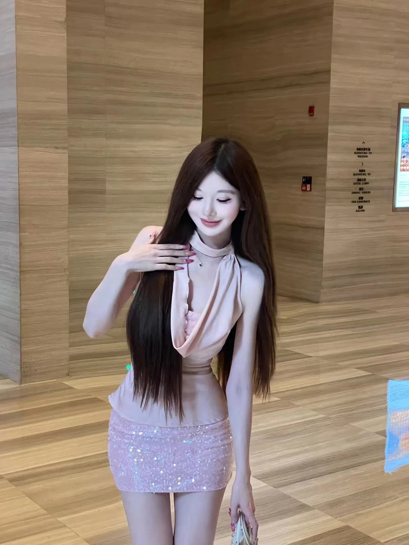 Xx舟舟家【蜜桃氛围】无袖荡领上衣溢彩亮片半裙套装【分开购买】