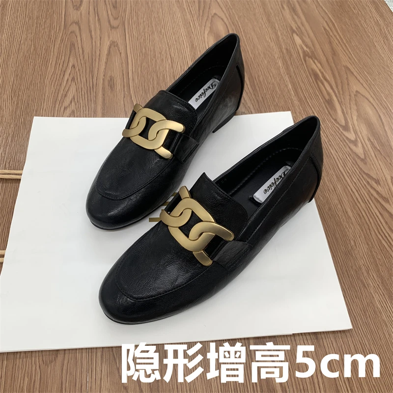 女鞋123~内增高5cm乐福鞋新款2024爆款真皮高档软底舒适休闲黑色