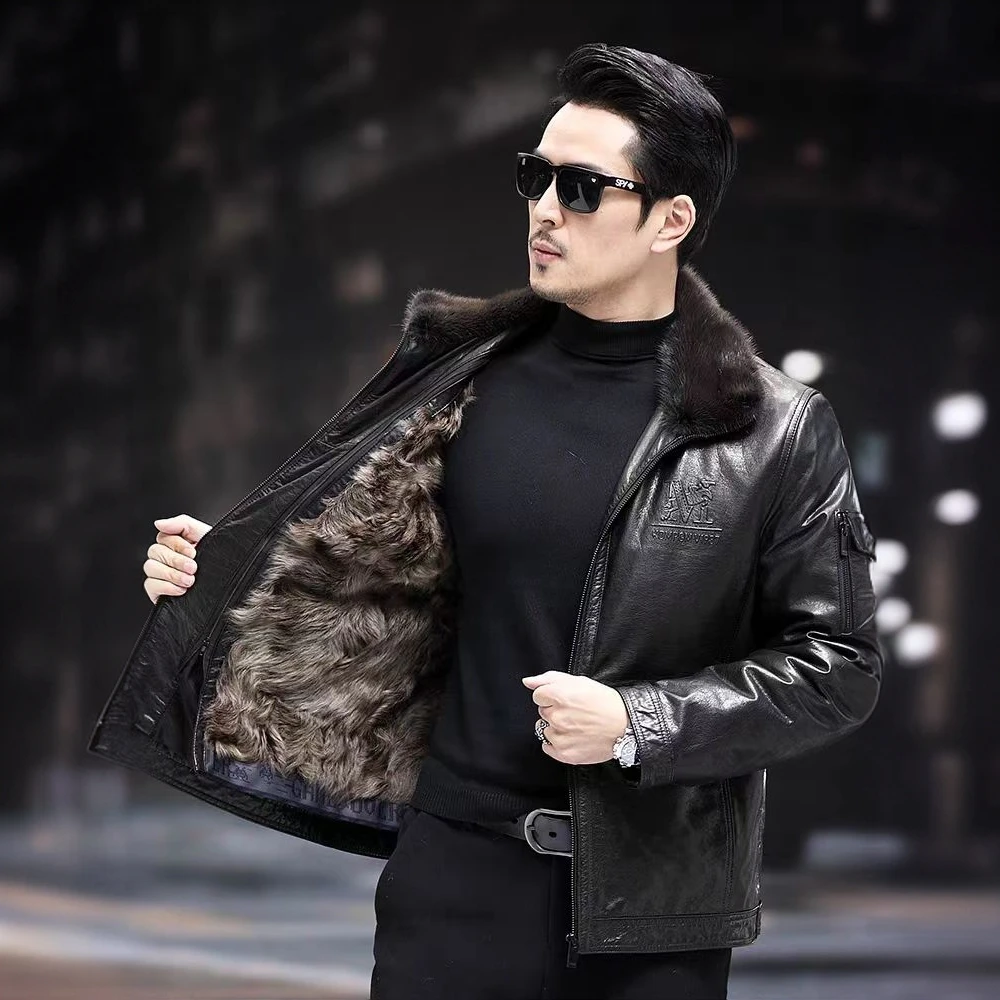 2024秋冬新款水貂毛领油蜡牛皮可拆卸内胆保暖休闲外套真皮