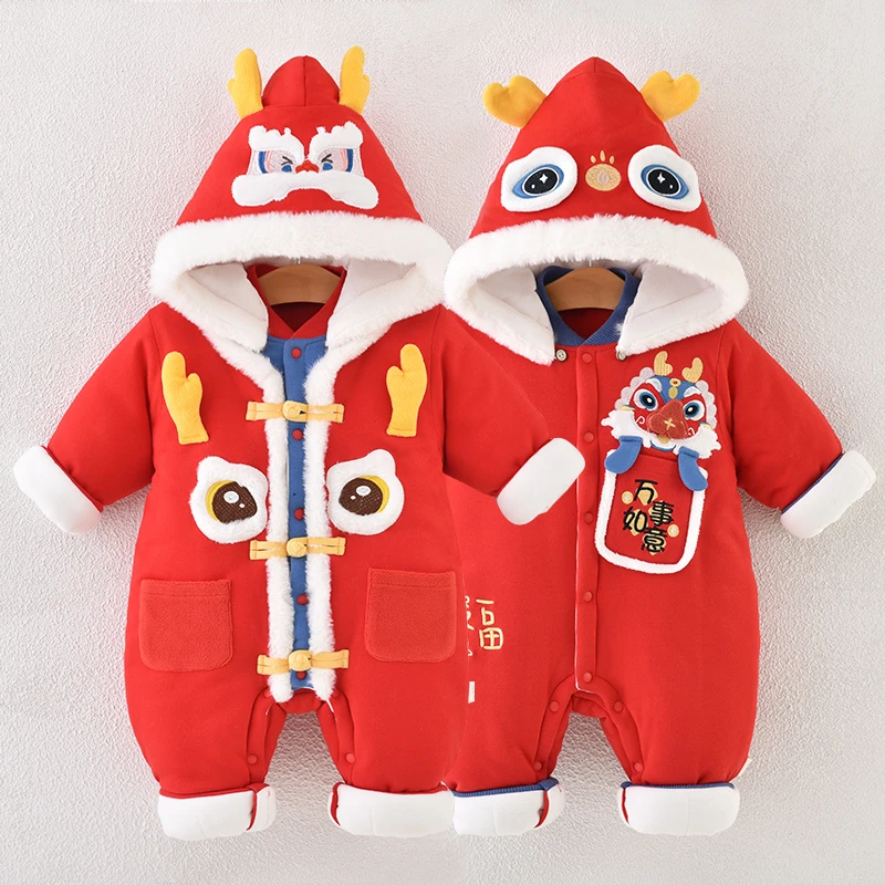 婴儿连体活帽夹棉加厚秋冬季棉衣新生幼儿爬服萌娃宝宝外出服冬装