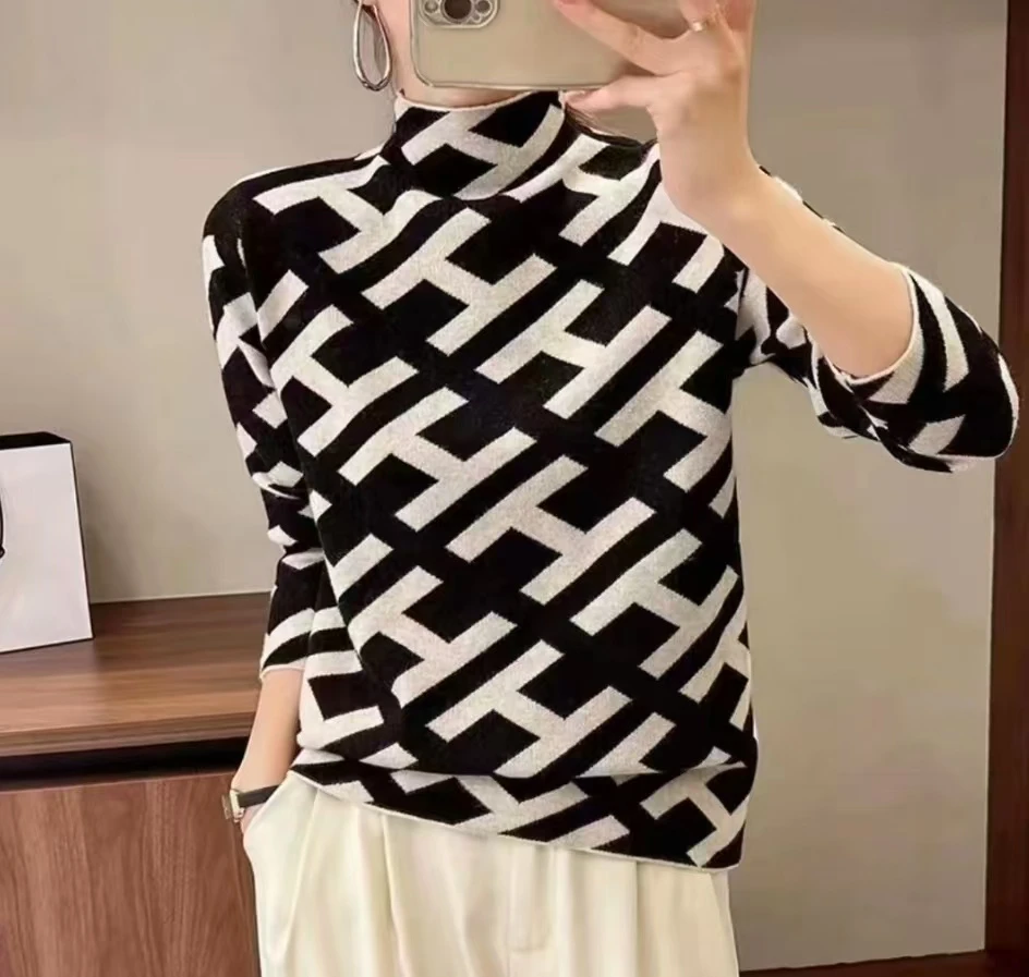 2024早秋黑金字母H半高领新款韩版百搭气质毛衣针织套头衫377