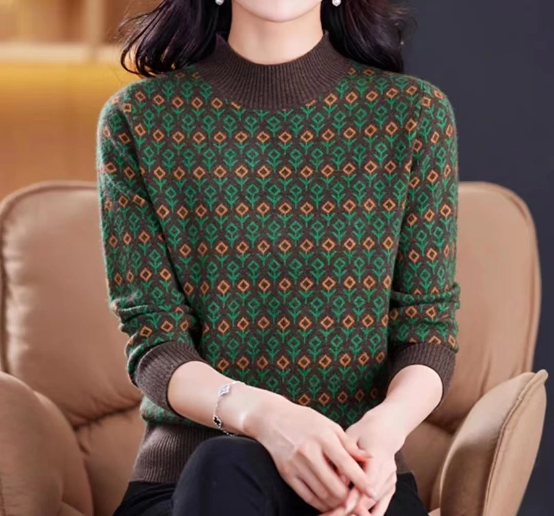 2024冬季新款女装半高领针织洋气宽松小花时尚加厚保暖外穿女300