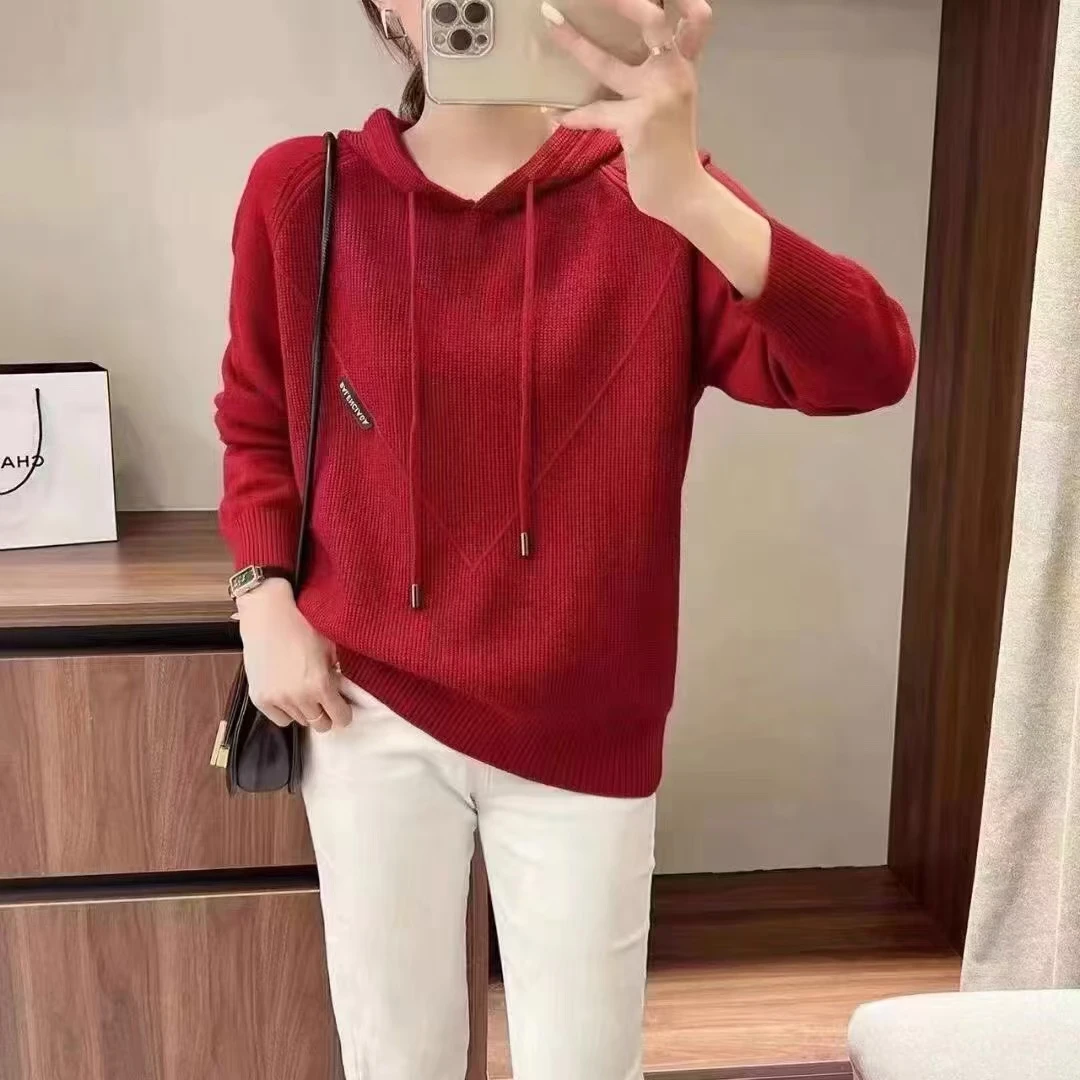 2024秋季卫衣女连帽针织衫春秋带帽套头毛衣长袖宽松上衣女532