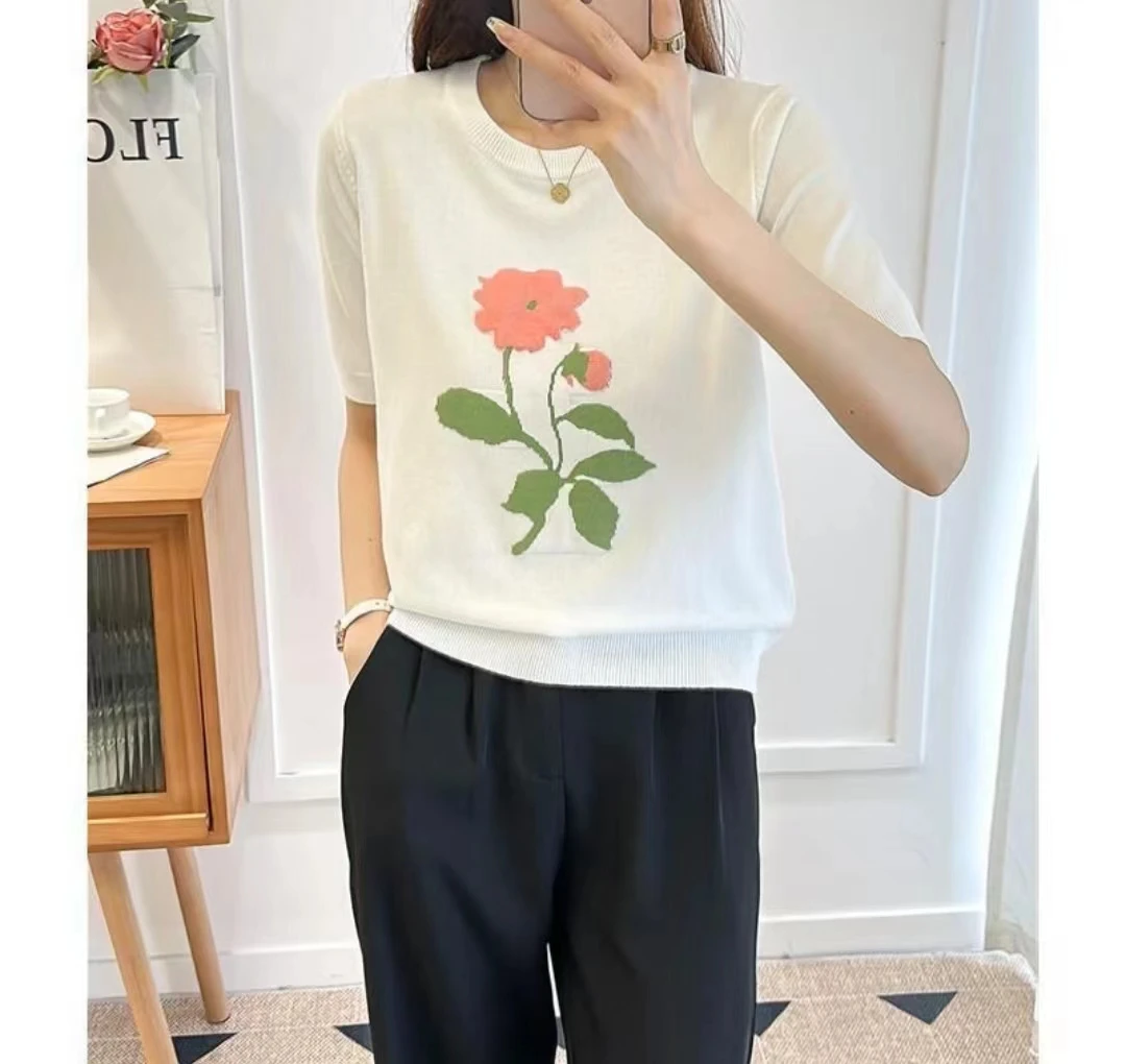 夏季【白色玫瑰花短袖】针织衫显瘦百搭镂空圆领套头398