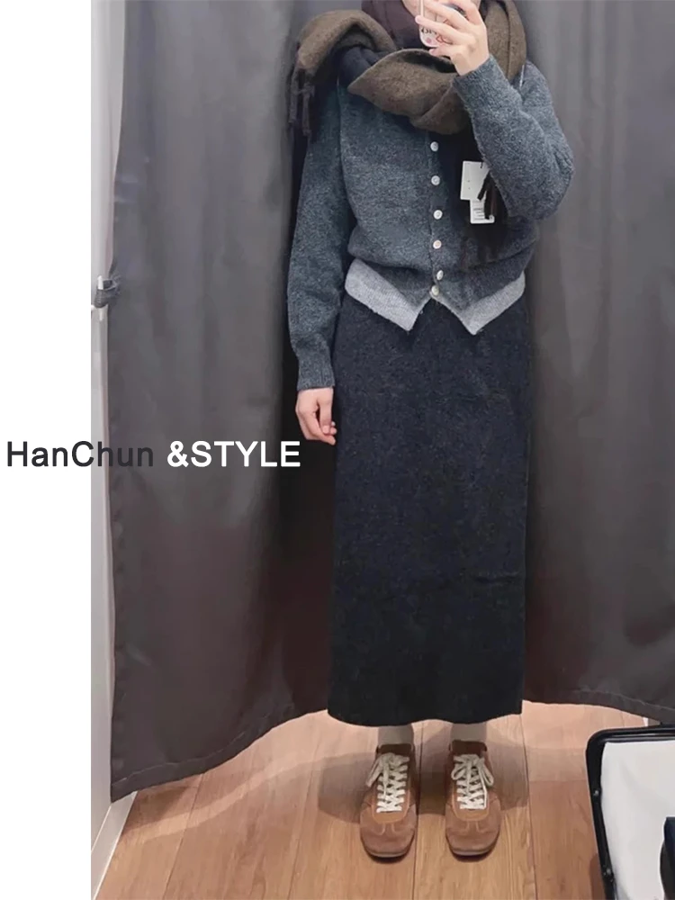 灰色针织半身裙女秋冬款季长裙直筒气质小个子显瘦a字开叉包臀裙