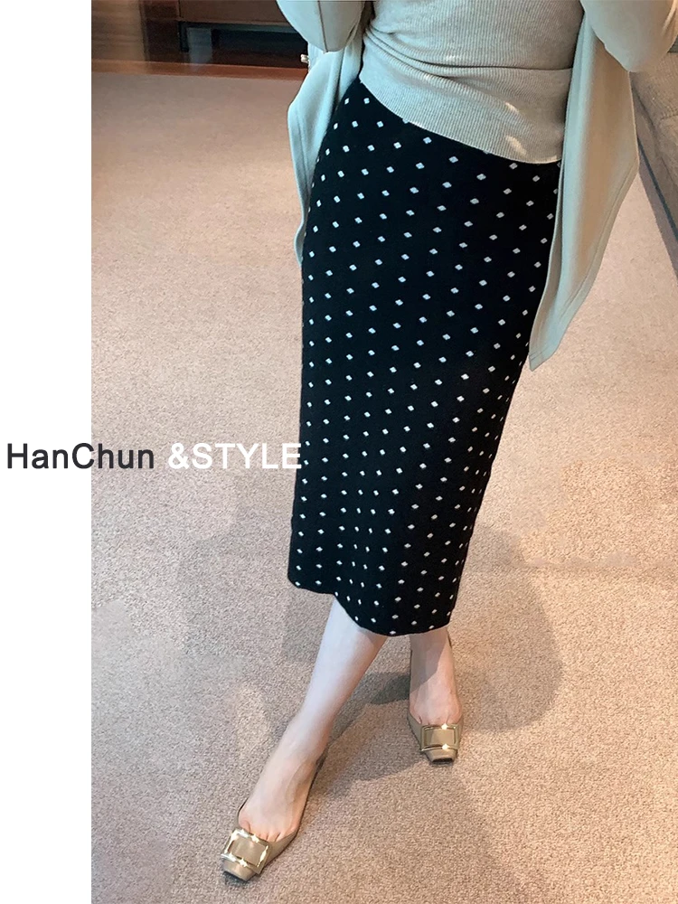 黑色长裙波点针织半身裙女秋冬高级感气质小个子开叉直筒包臀短裙