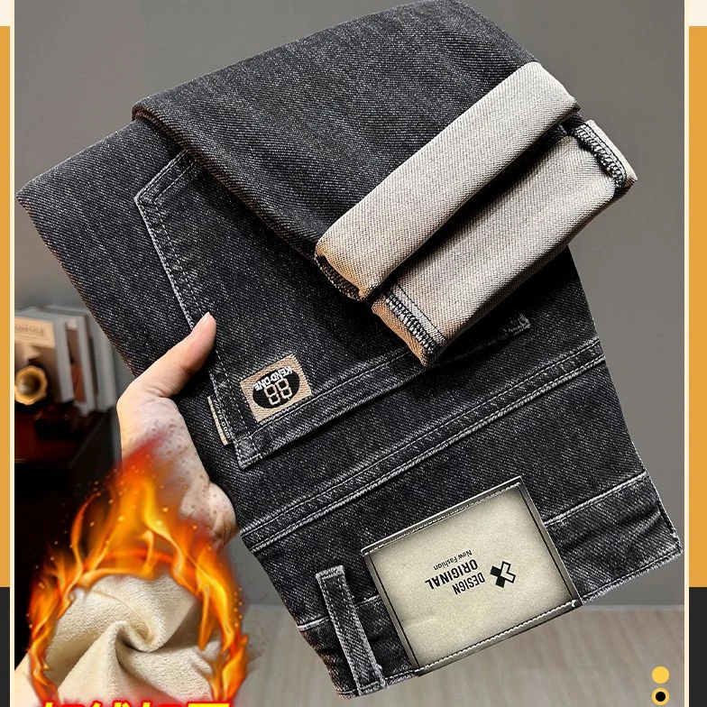 刺绣加绒加厚秋冬季保暖弹力牛仔裤男修身直筒男士休闲中青年裤男