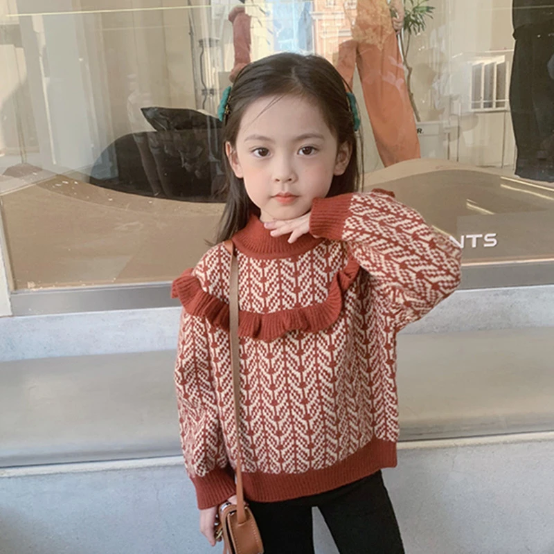 女童毛衣秋冬2024新款小童洋气儿童装女宝宝秋冬花边套头针织衫