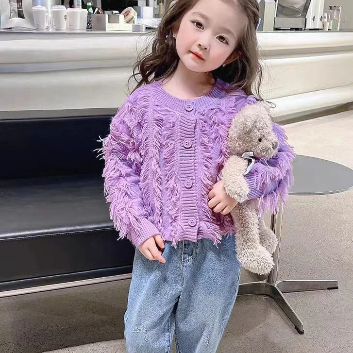 女.童春季韩国个性款须须毛衣针织衫儿.童原创设计流苏开衫短外套