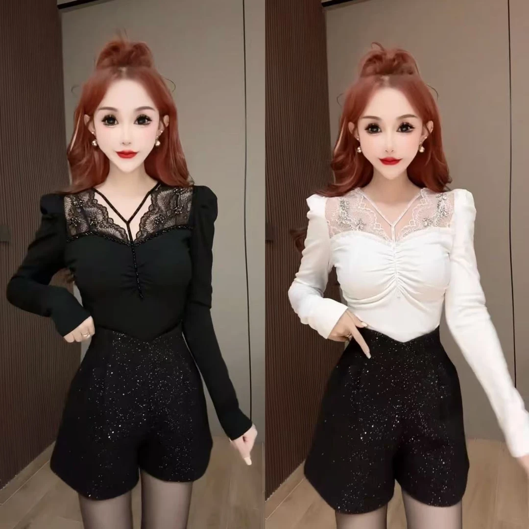 欧货挂脖V领镶钻长袖打底上衣秋冬新款褶皱性感内搭拼接时尚衫