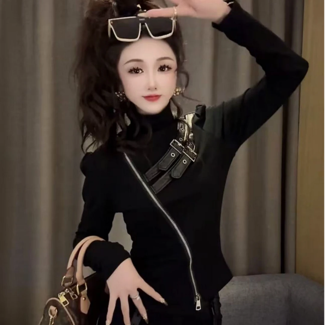 2024秋冬韩版加绒磨毛斜拉链长袖T恤女小众卡扣绑带显瘦百搭小衫