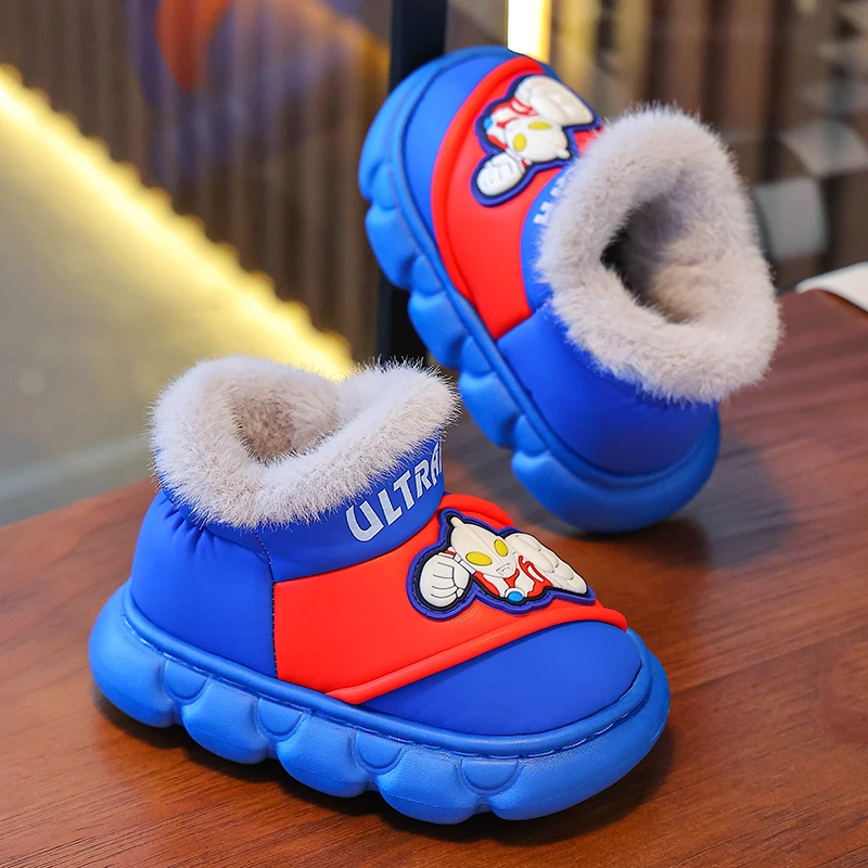 奥特曼儿童棉鞋秋冬保暖靴子pu皮软底防滑加绒加厚男童包跟棉拖鞋