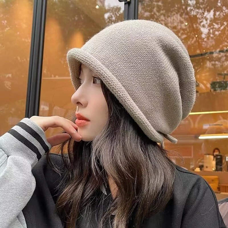 冬季ins网红系带卷边抽绳针织百搭堆堆帽时尚冷帽保暖帽韩版针织