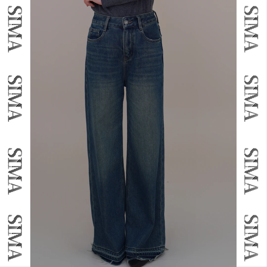 SIMA思玛复古水洗阔腿牛仔裤女高腰显瘦垂感拖地长裤慵懒直筒裤