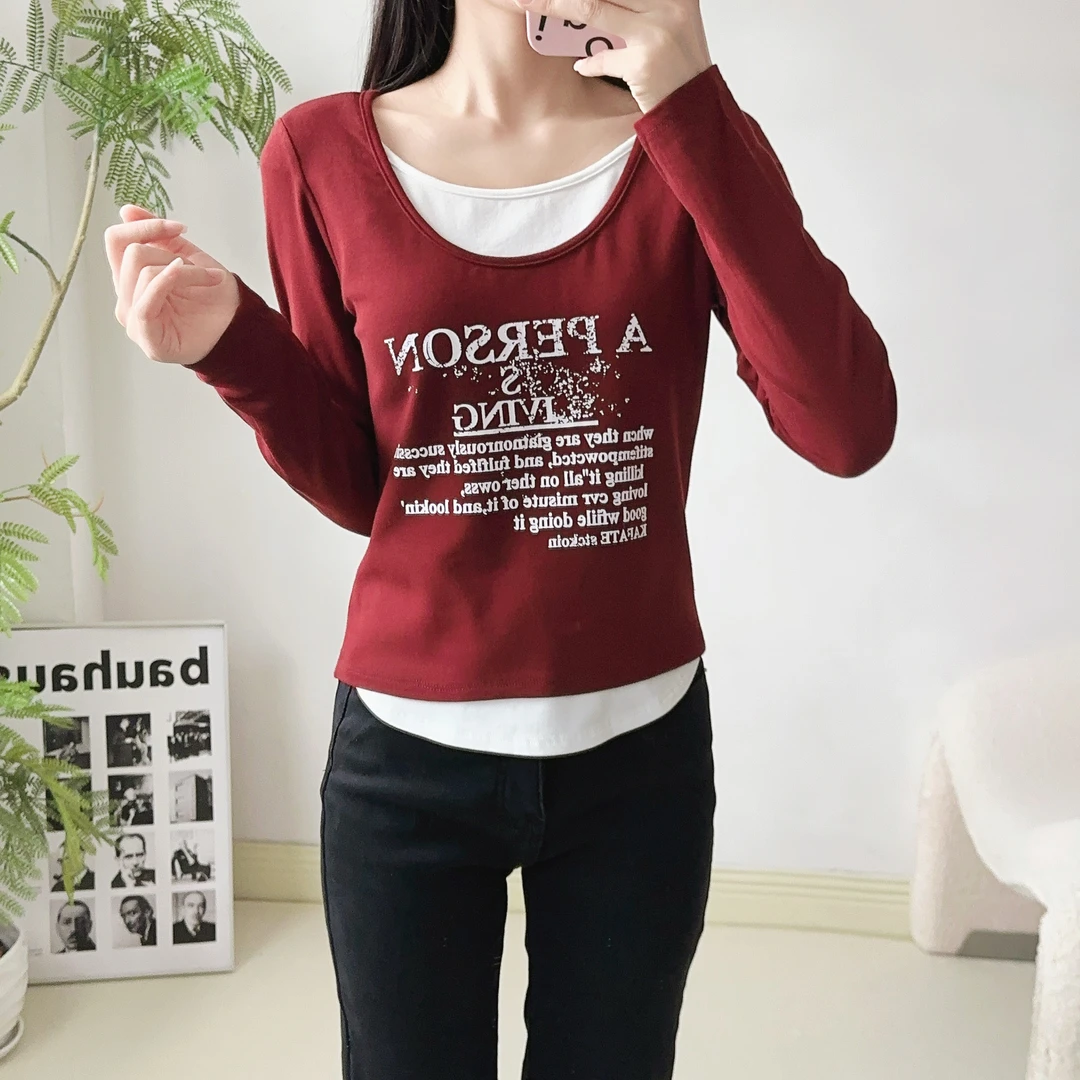 时尚长袖假两件拼色T恤女装圆领上衣显瘦新中式百搭印花加绒秋款