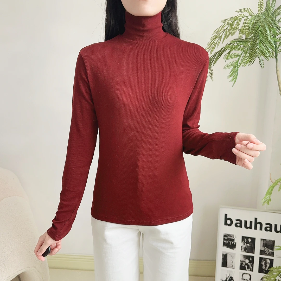 时尚安可拉红高领长袖磨毛加绒上衣柔软舒适秋冬保暖套头女打底衫