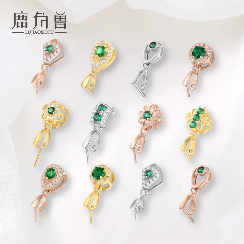 925银银制品 18K金吊坠扣头diy配件纯银扣翡翠玉石斜孔歪孔银扣头