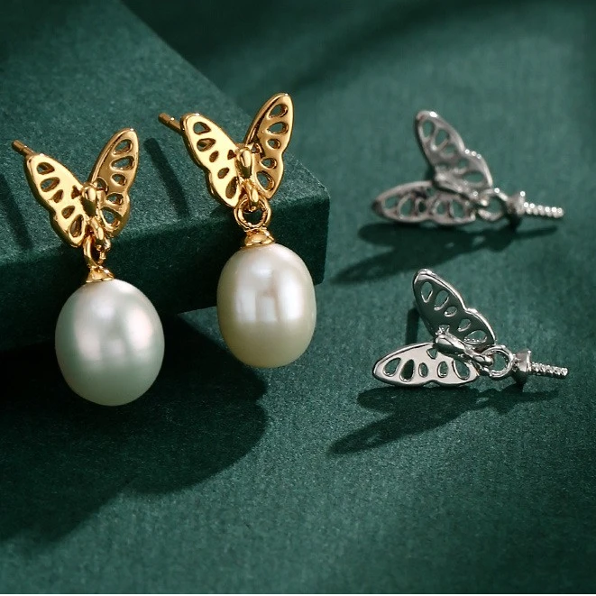 黄铜耳饰 DIY耳环空托配件简约蝴蝶设计款圆珠耳坠耳环托耳勾材料