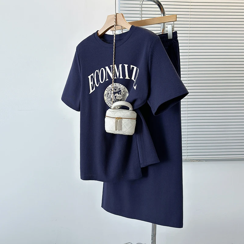 大码女装胖MM定制时尚套装夏季新款开叉字母印花上衣半身裙两件套