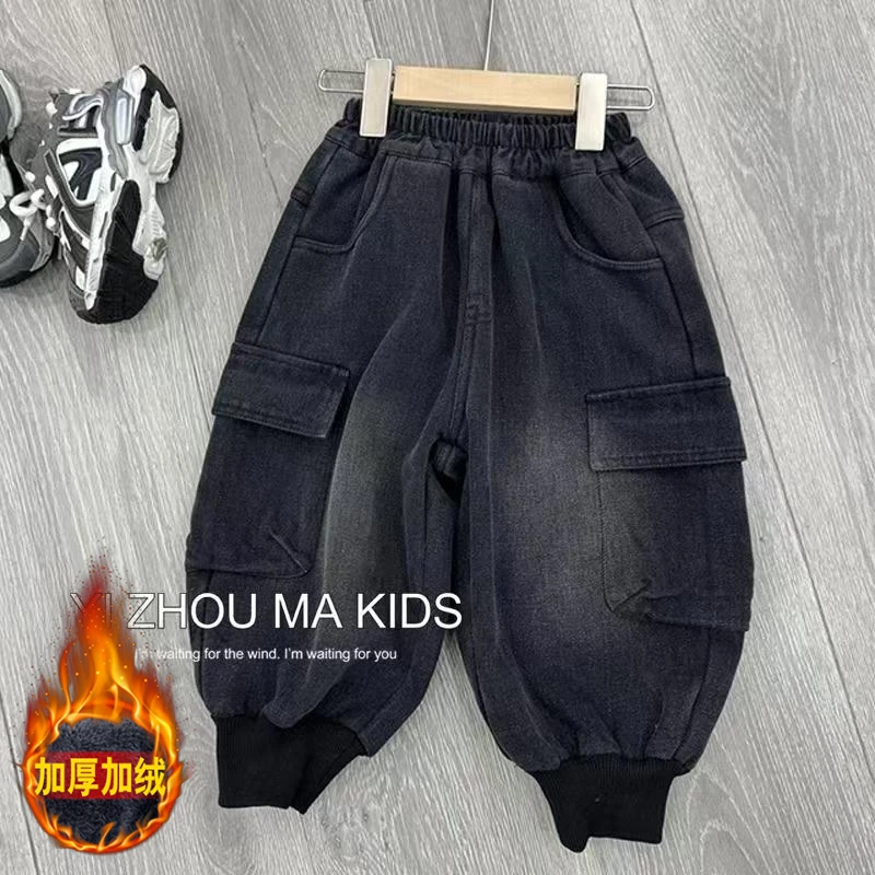 儿童加绒牛仔裤秋冬儿童韩版宽松休闲裤加厚洋气百搭做旧工装长裤