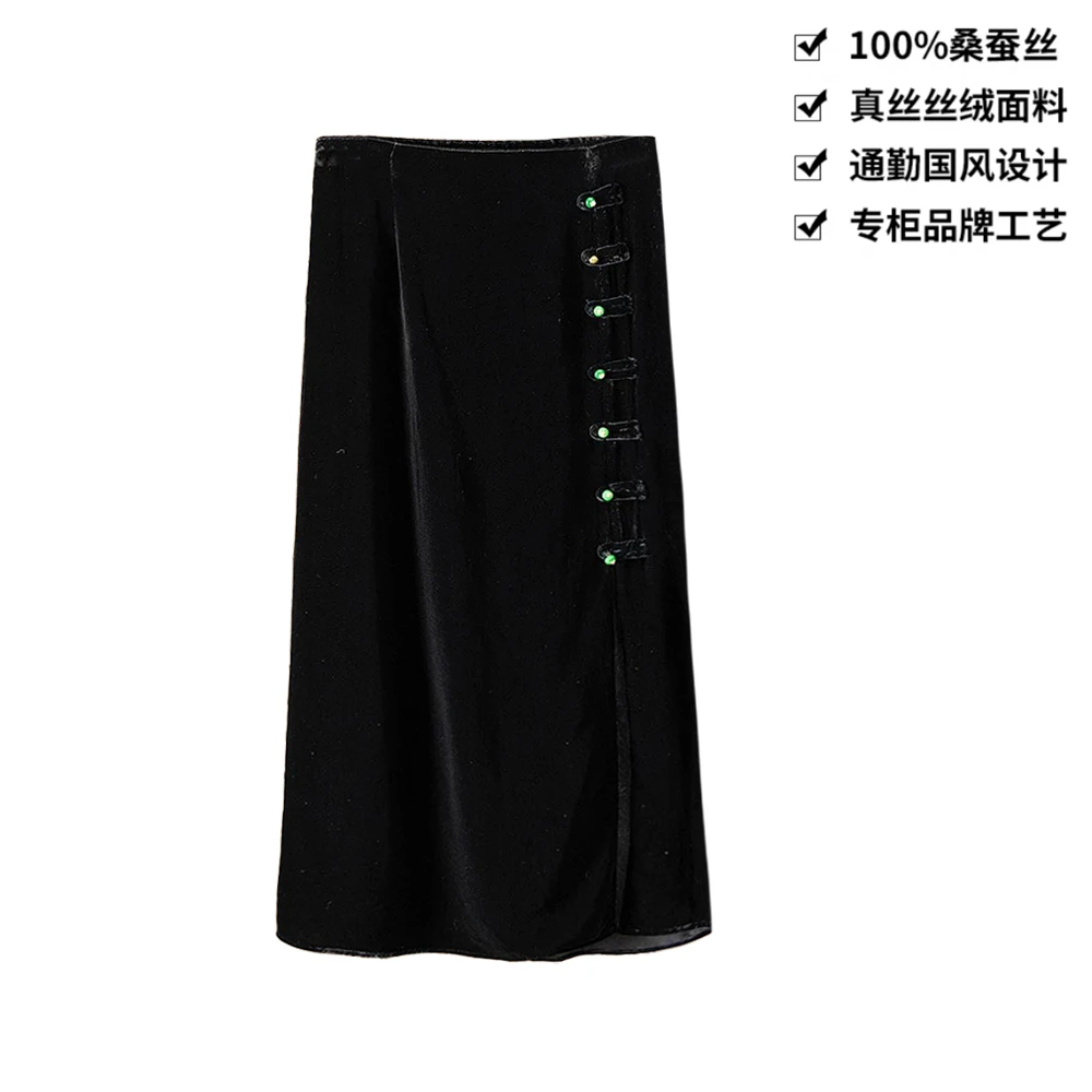 100桑蚕丝丝绒新中式碧玉扣蕾丝侧开叉真丝丝绒半身裙BQ062