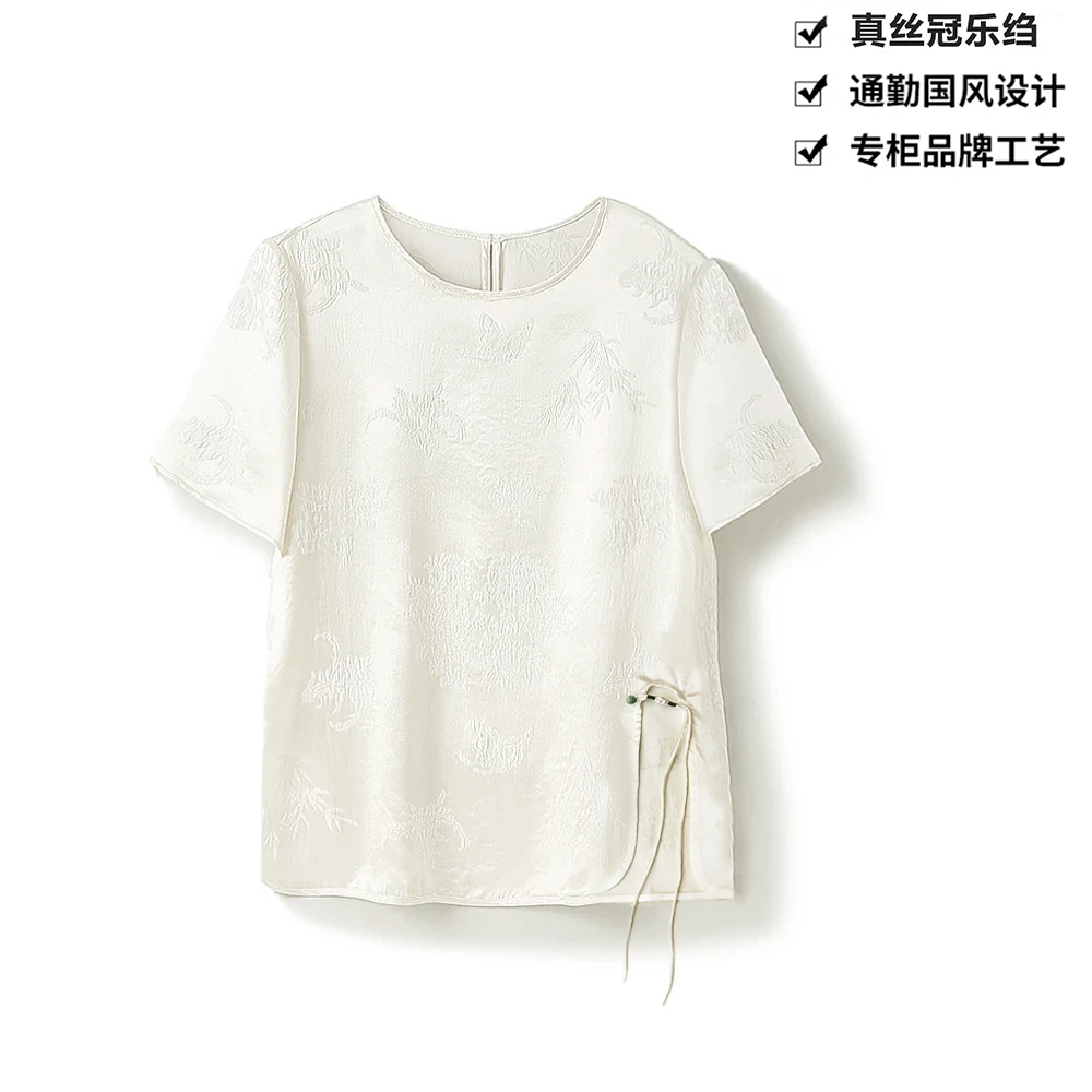 25姆米重磅真丝冠乐绉国风设计感小开叉圆领宽松桑蚕丝上衣DX222