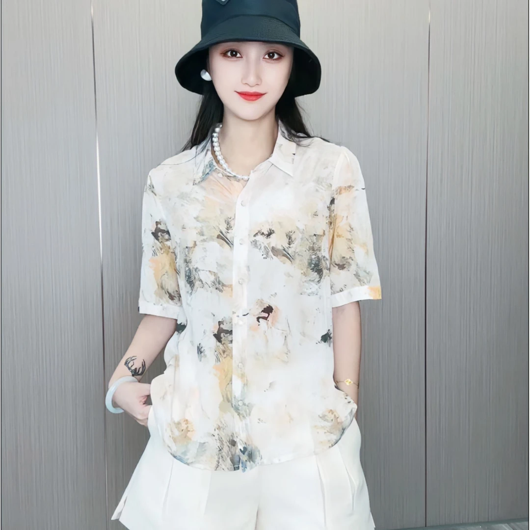 16姆米100桑蚕丝真丝双绉山水画境真丝衬衫短袖翻领女上衣DX052